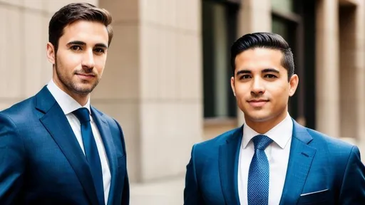 Prompt: professional portrait photograph of two successful male lawyers posing, ((looking front)), ((standing outside a court)), stunning modern urban upscale environment, ultra realistic, concept art, elegant, highly detailed, intricate, sharp focus, depth of field, f/1.8, 85mm, medium shot, mid shot, (centered image composition), (professionally color graded), ((bright soft diffused light)), volumetric fog, trending on instagram, hdr 4k, 8k