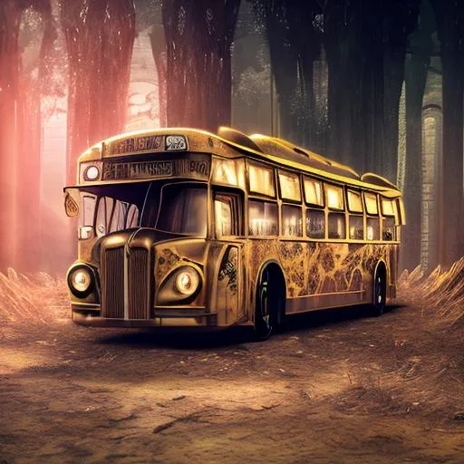 Prompt: illustration of a broken bus, hypnotic, pop art, pop surrealism, dark glow golden, mystical, Behance, 4k, 8k, UHD, professional, studio lighting, unreal engine, vivid colors, bokeh, vibrant