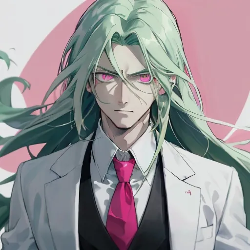 Prompt: Calm and expressionless doctor man with long green hair and pink eyes. Wears a white collared shirt, black suit jacket, and red tie with white gloves. 