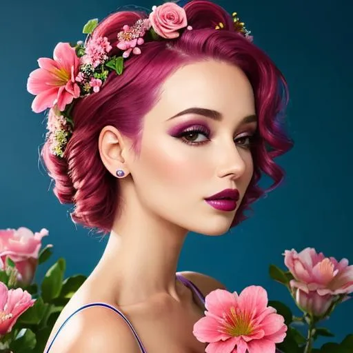 Prompt: a beautiful woman , lots of pretty pink flowers, magenta hair, magenta lips