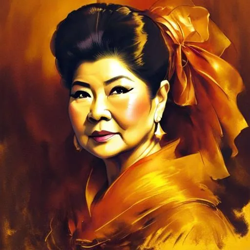 Prompt: Portrait of Imelda Marcos painted by Caravaggio, john singer sargent, juan luna, claude monet volumetric lighting, flowing cloth, 16k, hyperrealism, Very detailed, full body, full elegant background, zoomed-out view, complementary colors, golden ratio, octane render, volumetric lighting, standing, female with long white hair with red ombre, white dress, eyes that look like crystal