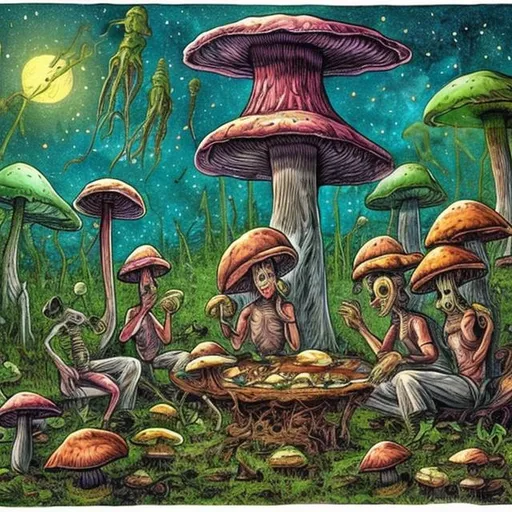 Prompt: aliens eating mushrooms