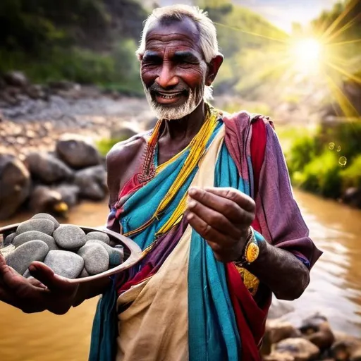 Prompt: A man holding stones and gems expresses the joy of life, standing on a riverside. He is bright and shining his mind