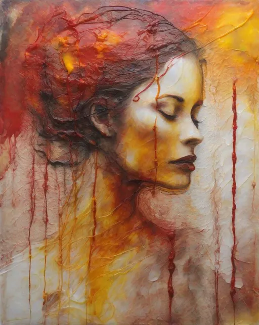 Prompt: An abstract Encaustic wax painting of a beautiful woman using only red, yellow and orange colors, heavy wax, 
