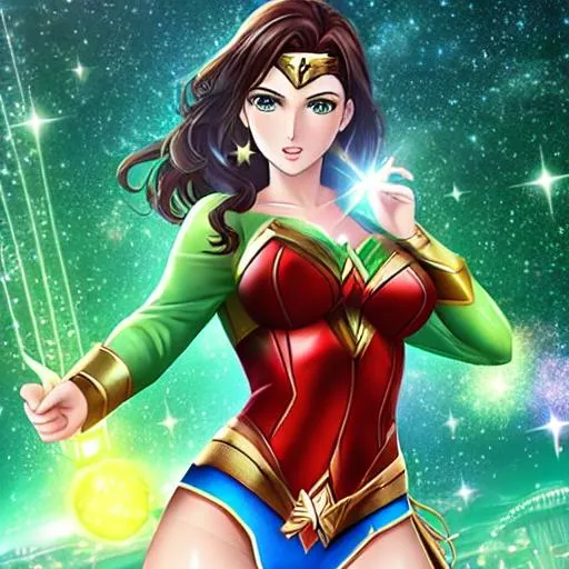 Prompt: A digital art image of Wonder Woman in a green suit, surrounded by a green light with a starry sky in the background, steampunk 