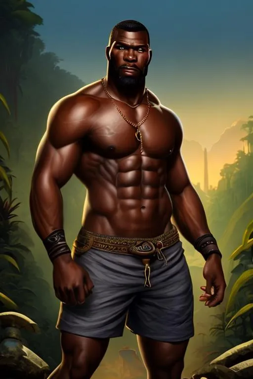Prompt: Tall muscled black ebony skinned African  Gladiator, heroic fantasy, antic jungle background  