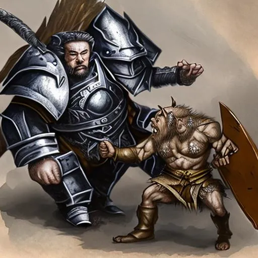 Prompt: dwarf wearing steel plate armor fighting a minotaur with an axe