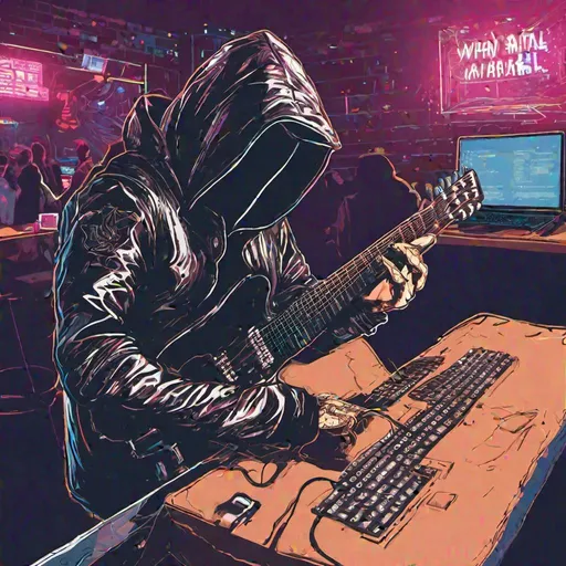 Prompt: a hacker playing guitar at a night club