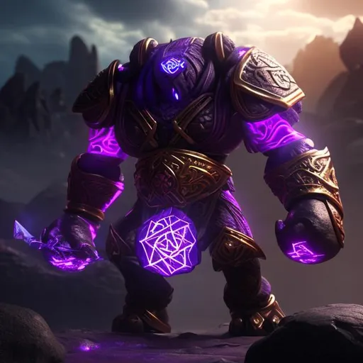 Prompt: Give this golem glowing purple eyes and runes
