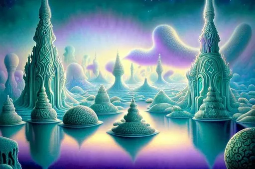 Prompt: A highly intricate fine detailed Temple floating upon White biomorphic clouds, deep green ice, violet ice, Jacek Yerka style mixed with Gilbert Williams fantasy style, beautiful colors, astral, cosmic, heavenly, hyperdetailed, ethereal, exquisite, perfectly composed, amazing scene, stunning, meticulously detailed, 8k resolution