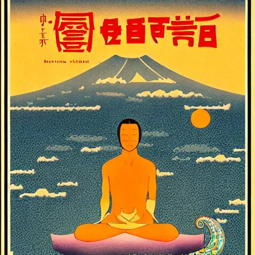 Prompt: 70s poster human meditation in japan style 
