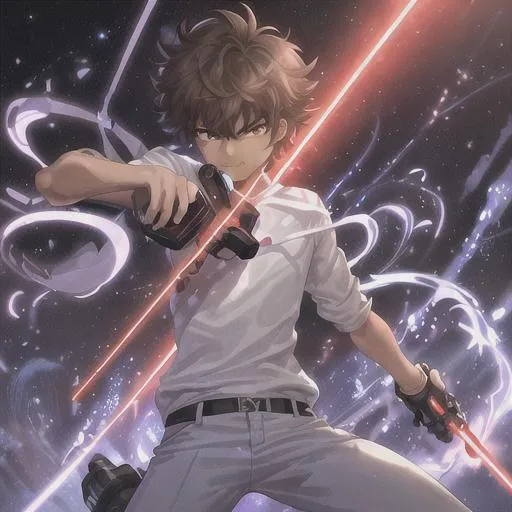 Prompt: 1080p, 2d, art, animated, utopian universe, slim light tanned teenage boy, almond shaped eyes, brown eyes, confident smirk, large spiky hair, red jacket short sleeves, baggy white shirt, blue pants rolled up to ankle, white glove on left hand, holding laser blade in right hand ,laser sword held behind head, robotic legs, cool sports shoes, advance technology , at night, city in background, stars in sky 