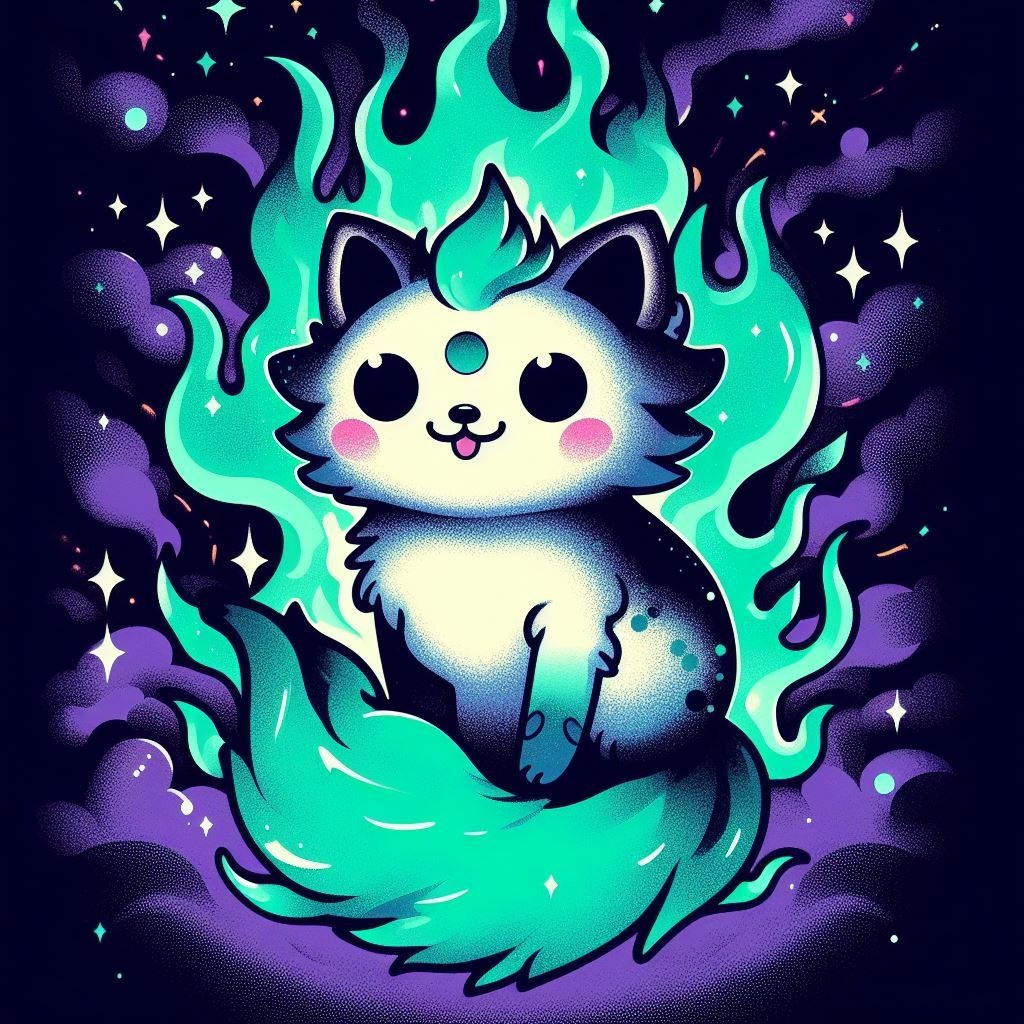 Prompt: an illustration of a cat of anime in space with a green flame, in the style of dark sky-blue and purple, spiky mounds, unique yokai illustrations, 32k uhd, metal, sparklecore, colorful costumes