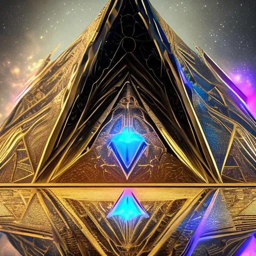 Prompt: Digital art of a metal pyramid with reflection below it, pyramids,  detailed render breathtaking 8k resolution Artgerm, WLOP, Alphonse Mucha dynamic lighting hyperdetailed Splash art trending on Artstation triadic colors Unreal Engine 5 intricately detailed metal maze