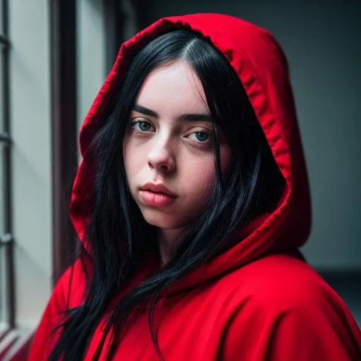 Prompt: Billie Eilish ai art, Little Red Riding Hood, with a modern and edgy twist.