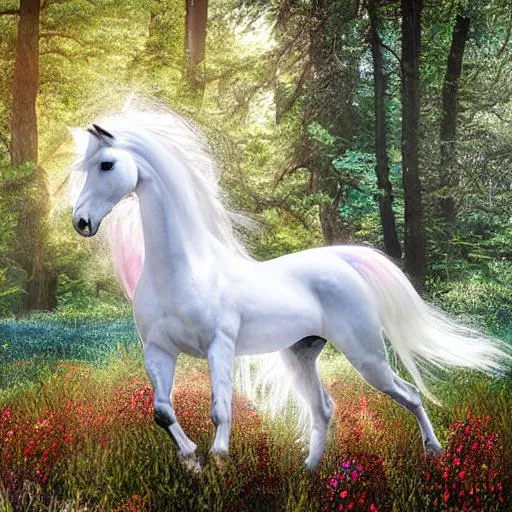 Prompt: mythical pure white fairy horse, transperent wings with a rainbow glisten, walking in forest, flowers in the long white mane, curly mane, hyperrealistic