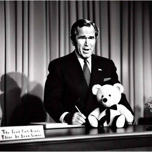 Prompt: Vintage atomic style photo, George bush with close mouth, waring a teddy pijamas , giving a speech, 