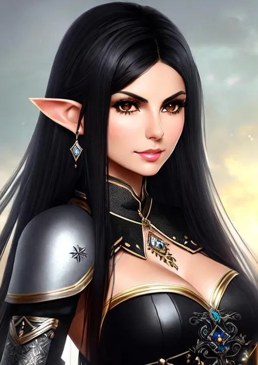 Prompt: {Mix of victoria justice and Morena Baccarin}, black desert online armor, elf ears, green eyes, black flowing long hair, dark skin, black desert online clothing, eyes green, hair black, jewelry, medieval castle, best quality, black desert online background 