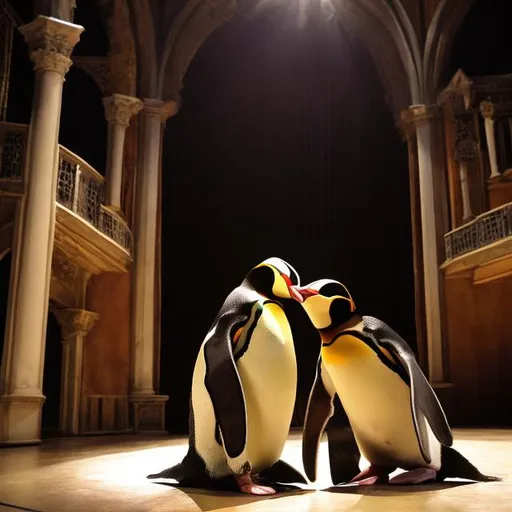 Prompt: to actors playing romeo and juliet on an old theatre stage but both of the actors have penguin heads and human bodies. the penguins are wearing shakespeare costumes and smiling