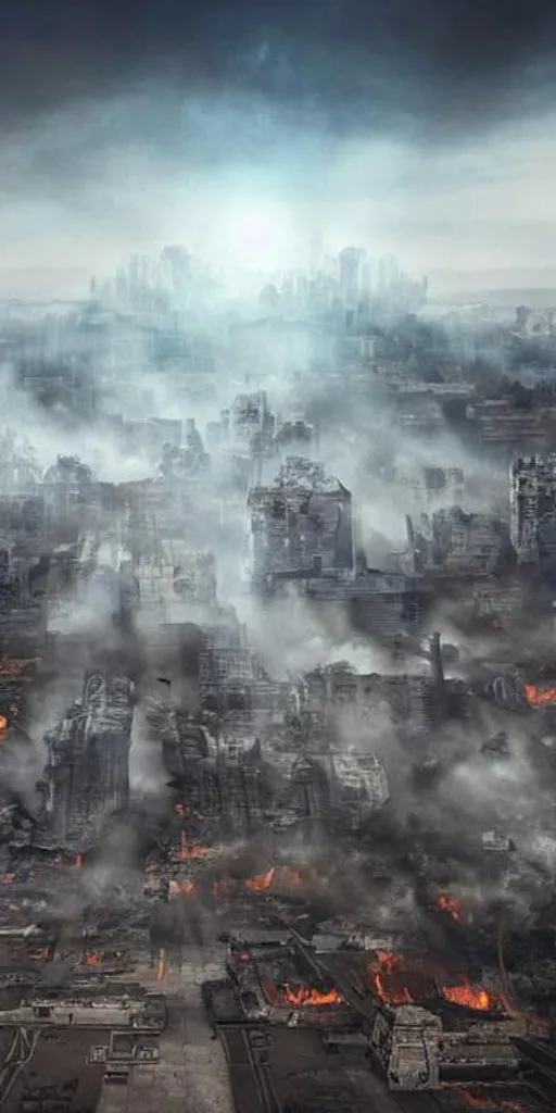 Prompt: Apocalypse artwork, 4K, Large city with multiple fallen buildings, devastation, various fires and pillars of smoke, hazy sky, overhead view, drone point of view, unknown beings flying around,