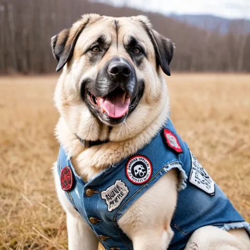 Prompt: Kangal Shepherd Dog wearing a heavy metal music denim vest with patches
