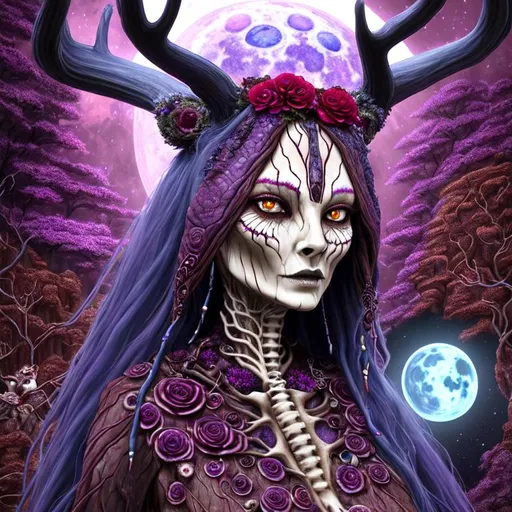 Prompt: centered full body shot (deer  humanoid) shapeshifter goddess, terrifying head, leaf veins skin details, lychen indigo cream berry burgundy silver photorealistic eyes,  jewellery made of bone, by J.R. Slattum, David Meltzer, vines, flowers, mycelial growth, ((background theme alien planet with a crystal moon by Don Marquez)) detailed digital illustration, acrylic on paper,  realistic, unreal engine 5 128K UHD Octane, pi, fractal fBm