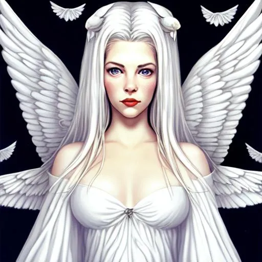 Prompt: Illustration of an Angel girl, with Liv Tyler’s face, white dress, white hair, with wings, by Tim Burton