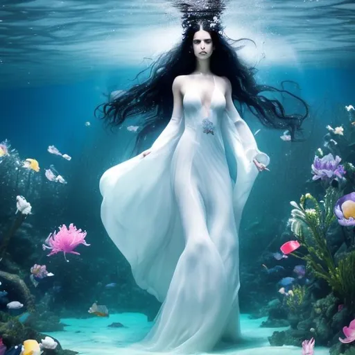 Prompt: T3a woman in a white gown with long black hair plunges under water and flowers full body shot