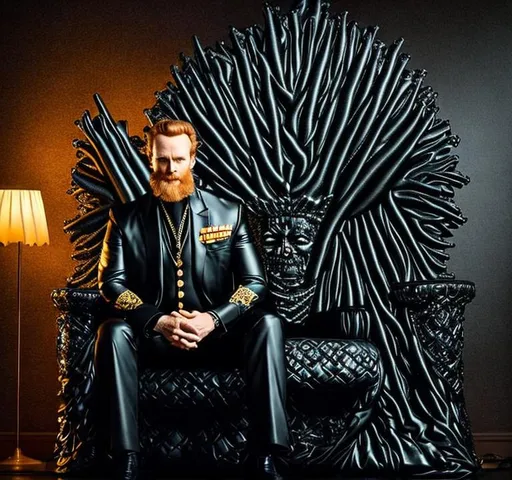 Prompt: forty-year-old man seated in a black leather throne, black leather interior, he is dressed like a king and holding a sceptor, the black throne is inside a large dimly lit modern bedroom, lush, sensual, detailed face, detailed expression, ginger hair,