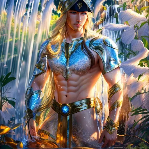 Prompt: Heroic, Epic, Stunning, Vivid, 3D HD dramatic cinematic [({one}{(Beautiful benevolent {god}male liquid silk, Beautiful big reflective eyes, long flowing hair}, expansive magical waterfall background, hyper realistic, 8K --s98500