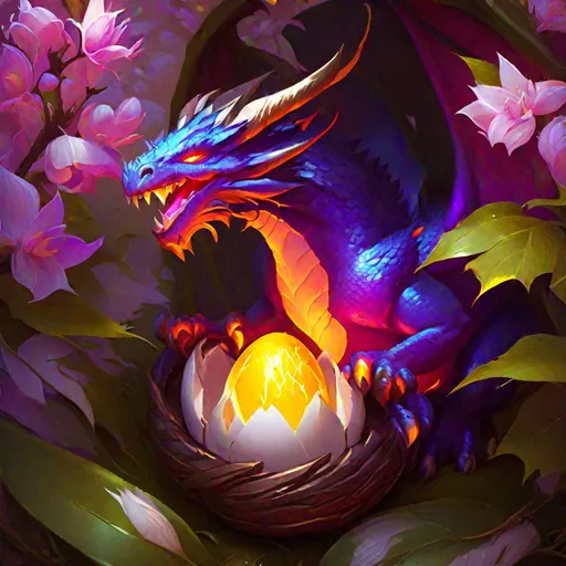 Prompt: world of warcraft style, dragon hatching from an egg, blossom background, radiant, flaming eyes,  art by greg rutkowski and artgerm