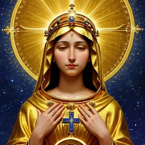 Prompt: our lady, our mother, tender strong and true. proudly in the heavens gleams thy gold and blue. glory's mantle cloaks thee, golden is they fame, and our hearts forever, praise thee our lady, and our heart forever, love thee our mother