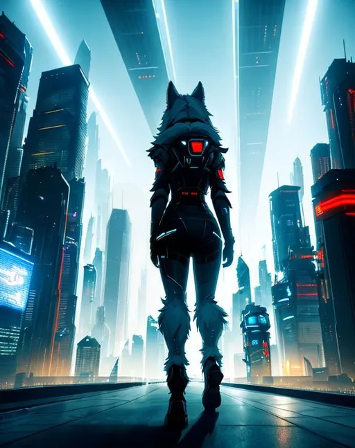 Prompt: bipedal protogen wolf, protogen, wolf furry, grey tail , anthropomorphic wolf furry, dim light, fursona, female, full body art, cyberpunk suit, cyberpunk city, some skyscrapers, neons, spaceships in the sky in the background, some flying cars, ethereal, shadow vibrant atmosphere, amazing art, absolutely amazing body, female, detailed and intricate background, perfect art, razor sharp focus, summery, mesmerizing body, dynamic, detailed and accurate wolf head, intricate wolf face, beautifully intricate tail, oil painting, ultra realism (masterpiece), volumetric lighting, vivid colors, UHD, 16k, HDR, ((((best quality)))), ((( (extreme details)))) proper tail placement, 