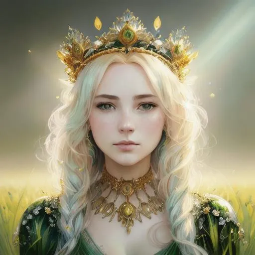 Prompt: Woman with golden hair, in a dress of ice flowers, a beautiful crown on her head, detailed face, detailed skin, front, background green grass, cover, unzoom, choker, hyperdetailed painting, luminism, Bar lighting, complex, 4k resolution concept art portrait by Greg Rutkowski, Artgerm, WLOP, Alphonse Mucha, little fusion pojatti realistic goth, fractal isometrics details bioluminescens : a stunning realistic photograph 30 years