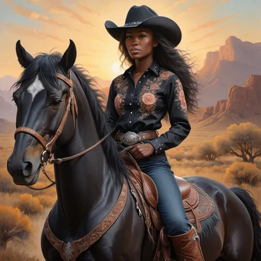 Prompt: Black cowgirl riding a black Unicorn, oil painting, dusty western setting, detailed floral patterns on clothing, high quality, realistic, western, detailed mane and fur, mystical atmosphere, warm sunset lighting