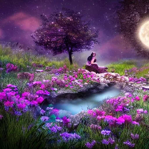 Prompt: Realistic, moon, flowers, nighttime, fairy cottage,  bubbling stream,  8k, has beautiful Human-like fairy laying on the meadow, beautiful fantasy landscape, realistic and natural, cosmic sky, detailed full-color, 