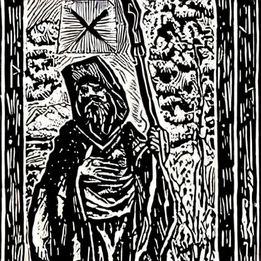 Prompt: tattoo design, woodcut stencil, a tarot card of a hermit wearing a cloak and carrying a long staff topped by a lantern
