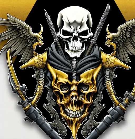 Prompt: Detailed grim reaper on a fighter jet. black and gold colors