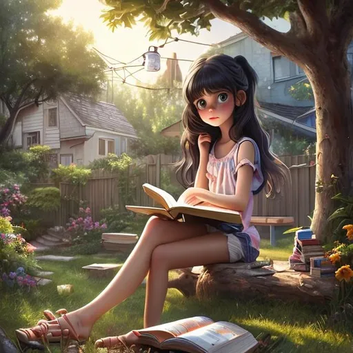 Prompt: a portrait of a cute girl with long black hair round big  eyes  ,reading book sitting on wooden chair in garden outside her house ,morning scene,super composition ,highly detailed ,64k,studio lighting,professional,ddim,trending on artstation