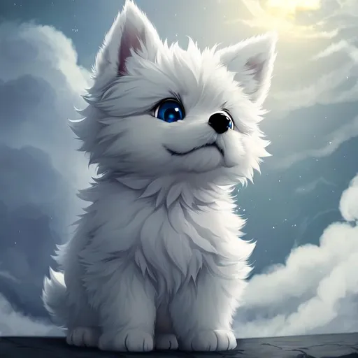 Prompt: Cute, very, very, light gray, fluffy, fantasy light puppy, with cloudy, white eyes, very, light, light, gray fur, and possessing the element of air and making circles of clouds and air move around in the air in a magical way, in a space background. Perfect features, extremely detailed, realistic. Krenz Cushart + loish +gaston bussiere +craig mullins, j. c. leyendecker +Artgerm.