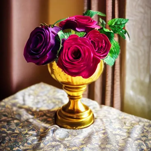 Prompt: Multicolor roses in a golden vase with intricate designs, set on a dark wooden table with a lace tablecloth, morning light filtering through the curtains, highlighting the delicate petals and vivid colors, Photograph, macro lens 100mm f/2.8, --ar 1:1 --v 5