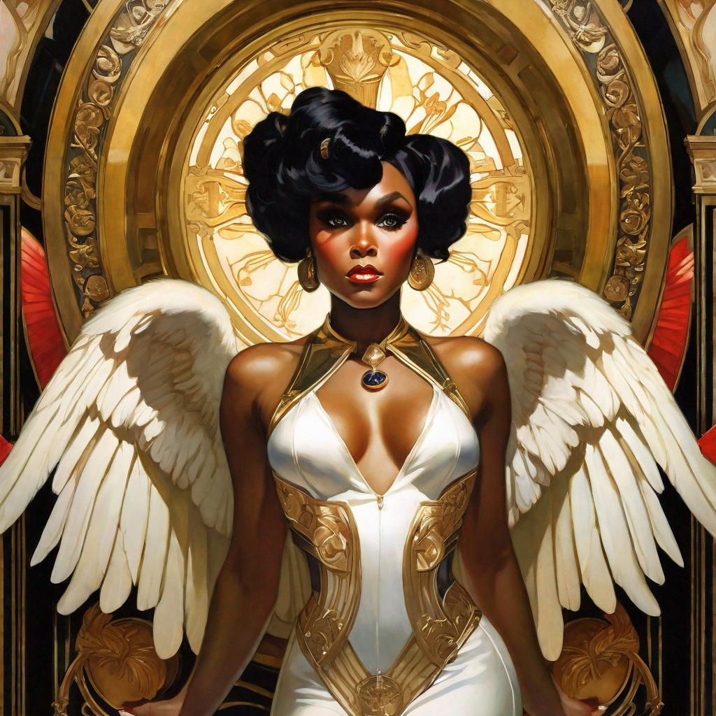 A beautiful closeup portrait of the curvy and lustful Janelle Monae as an  ominous fierceful ho