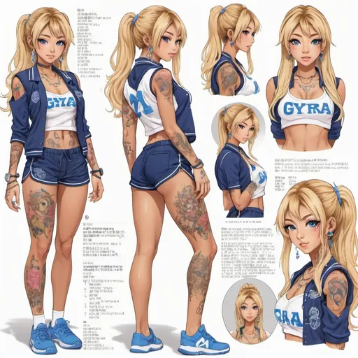 Prompt: Detailed character design sheet of a 21-year-old East-Asian woman, gyaru style, athletic physique, dyed blonde hair, piercing blue eyes, tanned skin, adorned with tattoos, dressed in a school outfit, high-quality, character design, gyaru style, athletic physique, blonde hair, blue eyes, tattoos, schoolgirl outfit, detailed, professional, vibrant colors, dynamic lighting