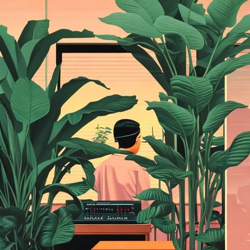 Prompt: synths surrounded by plants with face obscured in style of Hiroshi Nagai painting