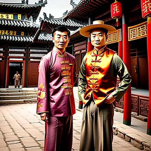 Prompt: An Asian wearing a necktie with traditional Chinese garb, the person is wearing a mix of Old West and East Asian attire, the person is wearing a ten-gallon, the person is surrounded by domed buildings and East Asian huts, landscape, realistic, photograph