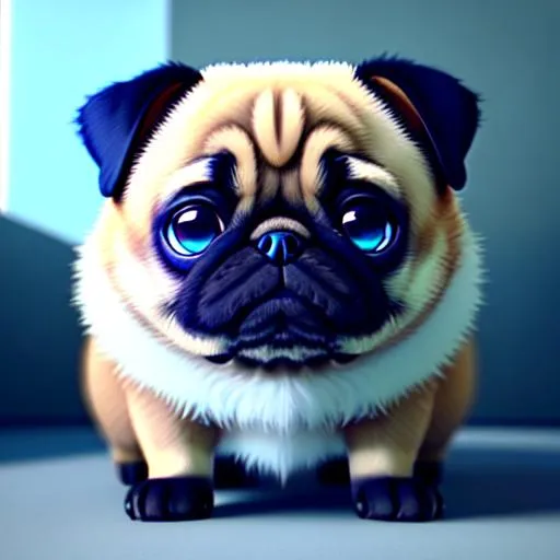Prompt: 3d fluffy Pug, closeup cute and adorable, cute big circular reflective eyes, long fuzzy fur, Pixar render, unreal engine cinematic smooth, intricate detail, cinematic