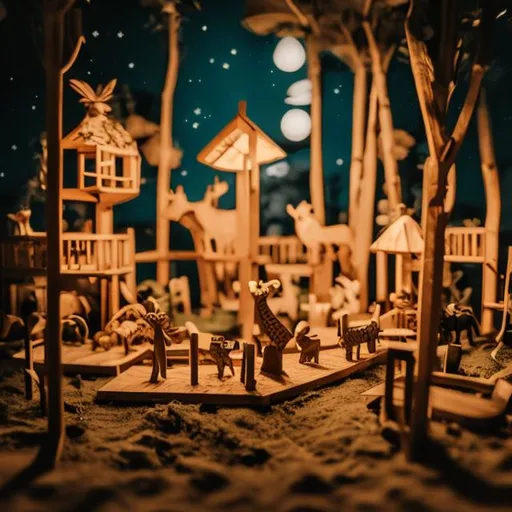 Prompt: Tiny wooden zoo at night 