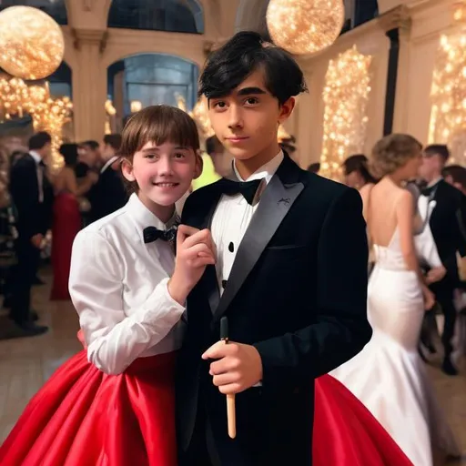 Prompt: Boy in a tuxedo holding his magic wand and standing next to his girlfriend who is in a big red puffy ball gown at prom