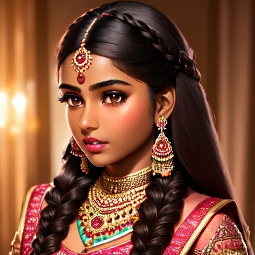 Prompt: photo of hyperdetailed intricate of a teenage girl , Indian , dark brownish skin , wine-toned blush blush , soft cheeks, ((long face )), beautiful ((brown eyes)) , dark black ((long braided hair)) , hour glass body , symmetrical face , great jawline , red lips , triangular shaped jawline , ((128k)),studio lighting, hyperrealism, hyperdetailed, trending on deviantart, trending on artstation , extremely beautiful, 