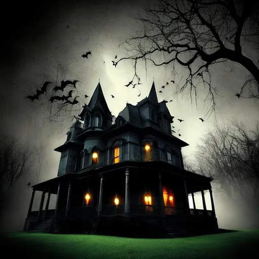 Prompt: haunted house , bats and very dark
